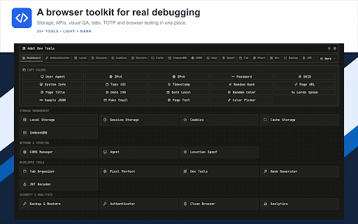 Adel Dev Tools :: Chrome developer tools for storage, cookies, APIs, CORS, Pixel Perfect, tabs, TOTP, location testing, JWTs and backups.
