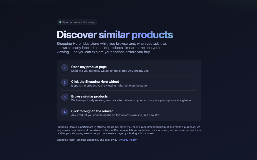 Shopping Hero :: ShoppingHero shows you similar products to whatever you're browsing — right on the page.
When you view a product on a shopping…