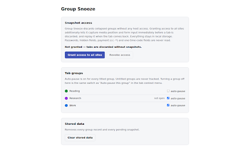 Group Snooze :: Discards every tab in a tab group when you collapse it, then restores media position and form input when the tabs come back.