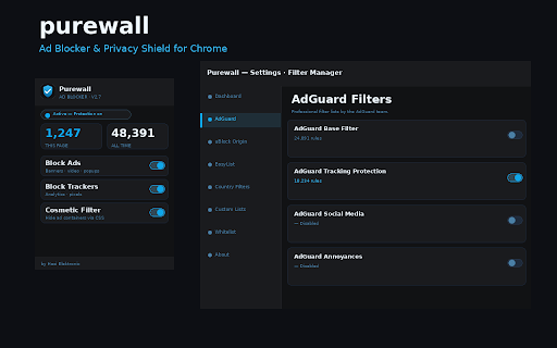Purewall :: Block ads, trackers and malware. Pure web experience — powered by EasyList, AdGuard & uBlock filters.