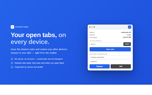 SyncMyTabs :: Sync your open tabs across devices, organized by profile, using bookmarks as the transport.