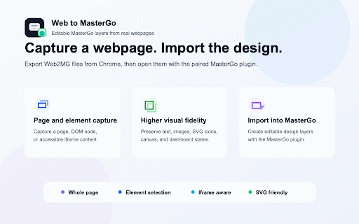 Web to MasterGo :: 在网页中打开采集工具栏,将整页、选中元素或支持的 iframe 内容复制为 MasterGo 图层。