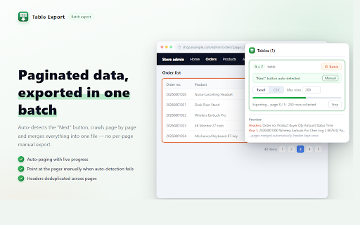 Export Web Table to Excel, CSV & Markdown :: One-click export of HTML tables & div lists to Excel, CSV or Markdown. Auto-paginates batch export. 100% offline, zero data.