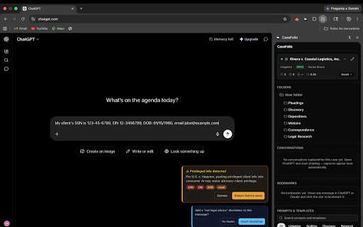 CaseFolio — Private AI Case Manager for Lawyers :: Private, local-only case manager for lawyers. Prompt templates, PII guard & disclaimers. Works with ChatGPT & Claude.