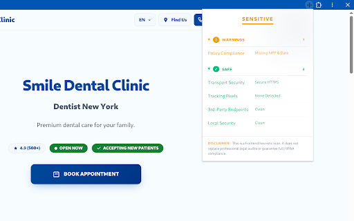 HIPAA Scope :: Heuristic scanner for HIPAA risk factors and 3rd-party tracking leaks.