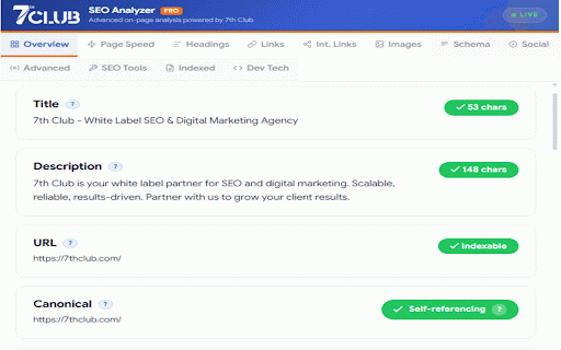 7thClub SEO Analyzer Pro :: On-page SEO analyzer: meta, headings, links, images, Core Web Vitals, schema, SERP preview, AEO/GEO scoring & audit reports.
