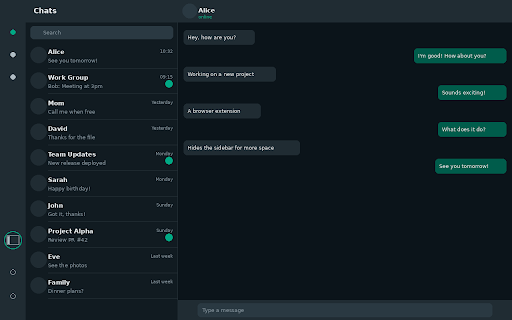 WhatsApp Web Sidebar Toggle :: Toggle the left sidebar in WhatsApp Web with a button or Ctrl+B