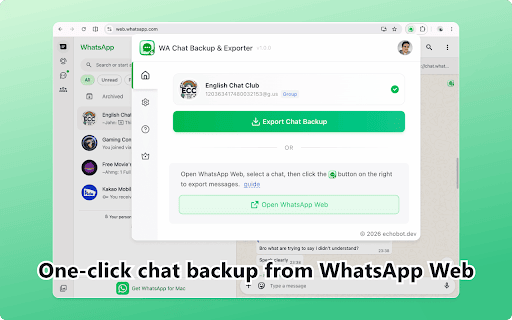 WA Chat Backup & Exporter :: Back up and export WhatsApp Web chats to CSV, Excel, JSON or HTML. Save messages and media from chats with one click.