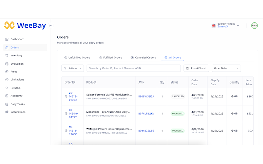 WeeBay :: Streamline e-commerce: track Amazon inventory, manage eBay, process orders, auto-buy & hunt competitors from one hub