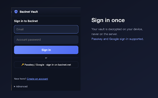 Bazinet Vault :: Autofill, generate and save passwords — and refuse to fill look-alike sites. Zero-knowledge: secrets never leave your device.