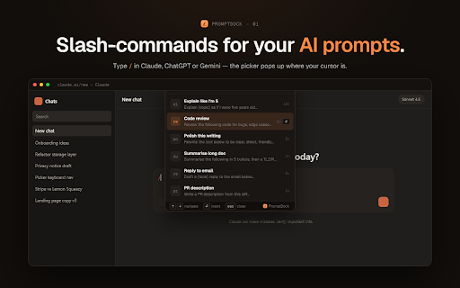 PromptDock: AI Prompt Manager :: Save your best AI prompts and reuse them on Claude, ChatGPT and Gemini with a slash command. Local-only, no account needed.