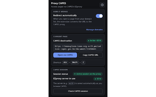 Proxy CAPES :: Redirects pages to the CAPES Journal Portal (EZproxy) and tracks your current session.