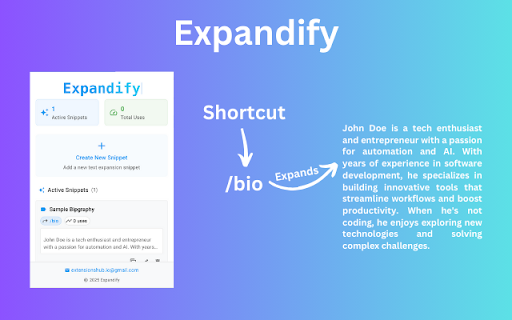 Expandify - Text Expander & Snippet Manager :: Smart text expansion tool. Type shortcuts to instantly create emails, code snippets & formatted text. Save time typing!