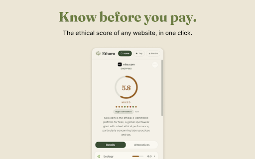 Ethara - Browse in line with your values :: Stop funding brands that pollute, exploit or scam. Know in one click if a site deserves your attention.