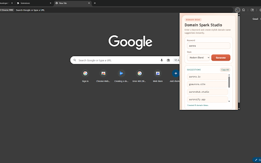 Domain Spark Studio :: Generate stylish domain name ideas from a keyword inside a clean popup.