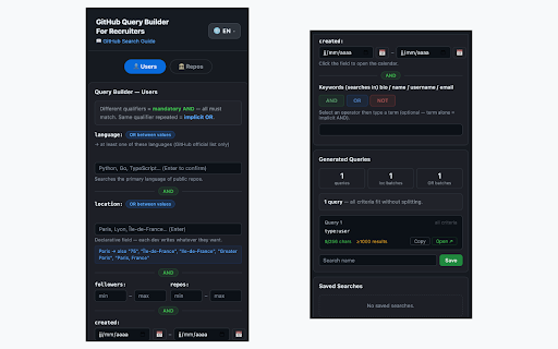 GitHub Query Builder For Recruiters :: Build advanced GitHub search queries to find developers. Users/Repos search with AND/OR/NOT, location batching and result counting.