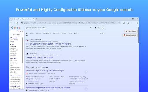 Google Search Custom Sidebar :: Customizable Google Search sidebar: quick filters (lang, time, filetype, country), site search, Verbatim & Personalization tools