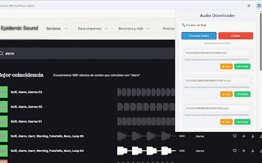Audio Downloader :: Detecta y descarga archivos de audio cargados por la página actual.