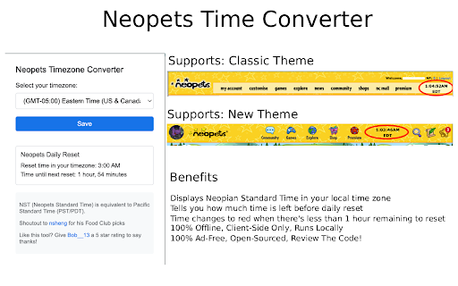 Neopets Timezone Converter :: This extension serves a single purpose: to convert Neopets Standard Time (NST) to the user's local timezone on the Neopets website.
