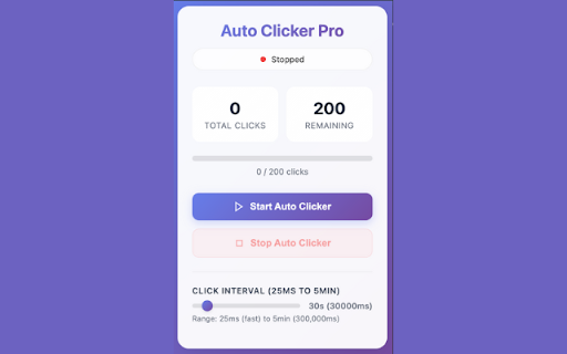 Auto Clicker Pro :: Start and stop an auto clicker that simulates safe clicks on the current tab at a user‑configured interval.