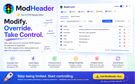 ModHeader V3 by modheader.app :: ModHeader V3 by modheader.app | Modify remove override useragent referer cookies headers for HTTP API requests