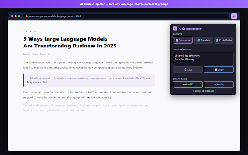 AI Context Injector :: Extracts web page content and formats it as an AI prompt to copy to your clipboard.