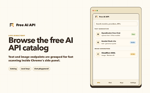 Free AI API - Free Keys & Playground :: Find free AI APIs, get your keys step by step, and try them right in the side panel.