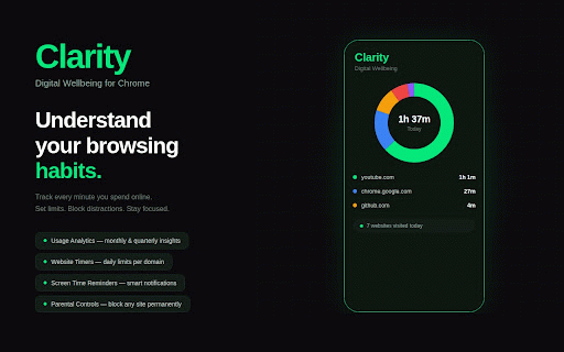 Clarity: Master Your Time :: Take control of your focus. Track browsing habits, set smart time limits, and block distractions to reclaim your productivity.