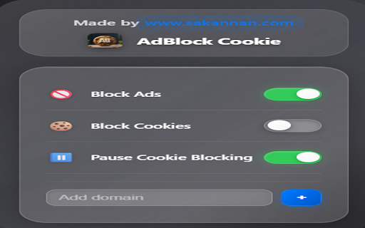 AdBlock Cookie :: Blocks ads and cookies, protects privacy, and offers a popup interface. No tracking or data collection.