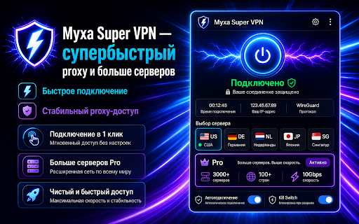 Myxa Super VPN — супербыстрый proxy и больше серверов :: Яркое VPN-like расширение для Chrome с быстрым подключением, premium-серверами и понятным управлением.