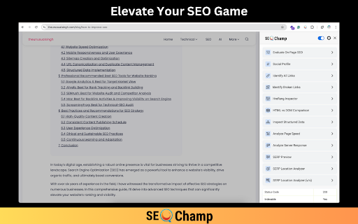SEO Champ :: Perform SEO audits including On-Page SEO, Broken Link analysis, Page Speed analysis, Server Response check, and SERP analysis.