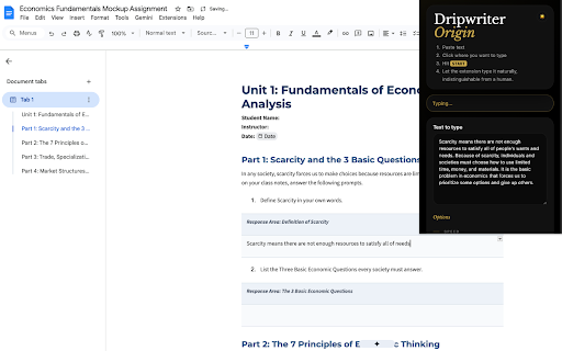 Dripwriter Origin :: Simulates human typing in Google Docs: natural speed, realistic typos, false starts, and breaks.