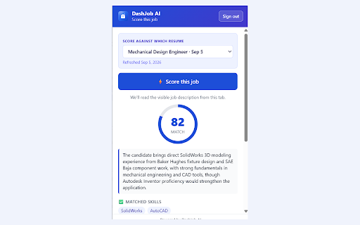 DashJob AI: Score Anywhere :: Score any job posting against your resume in one click on LinkedIn, Indeed, Greenhouse, Lever, Ashby or any careers page.