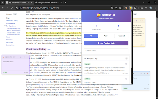 NoteWise :: Create, view, and manage visual notes directly on web pages. All notes are stored locally.