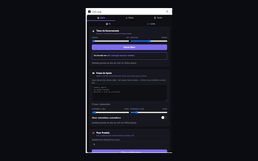 Live Loop :: Painel de apoio para LIVE no TikTok Shop: automações, respostas de chat com IA e vídeo/áudio opcional no lugar da câmera/microfone.