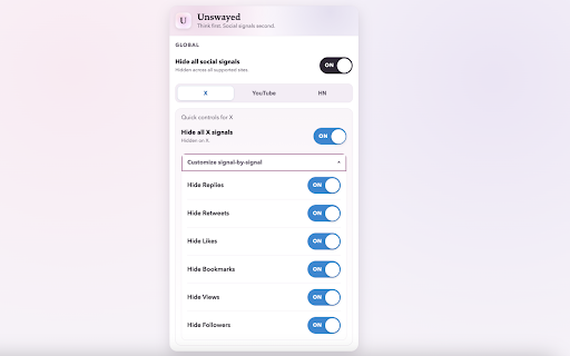Unswayed :: Hide social metrics to form your own opinions first