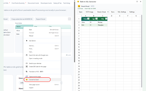 Web Table to Excel & SQL :: Capture web tables & dropdowns, edit in a side panel, generate SQL, and export to Excel/CSV/HTML/JSON.
