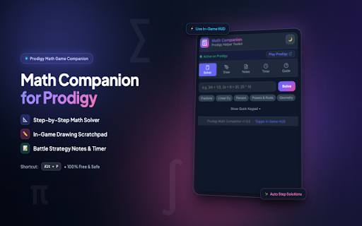 Math Companion for Prodigy :: Lightweight math companion for Prodigy Math Game. Includes step-by-step math solver, scratchpad whiteboard, battle notes, and timer.