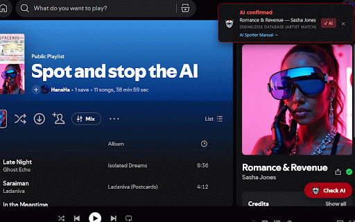 DigiMuziek AI Spotter :: Spot AI-generated music on Spotify: real-time detection, playlist scans, one-click block, optional auto-skip.