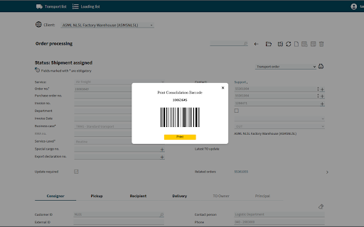 Consolidation Barcode Printer :: Scrapes consolidation number and shows a print-ready barcode popup.