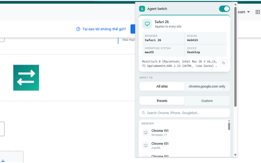 Agent Switch — User Agent Switcher :: Change your browser's User-Agent so websites see you as a different device. 26 presets, or paste your own string.