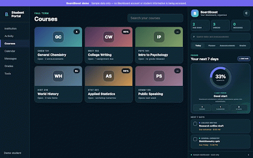 BoardBoost - Student LMS Dashboard :: A better dashboard for Blackboard Learn Ultra with tasks, announcements, grades, course customization, and dark mode.