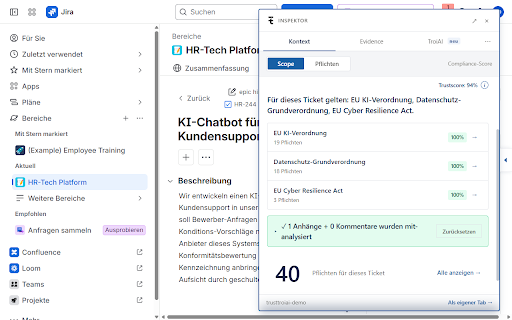TrustTroiAI Inspektor :: Compliance-Inspektor für dein Jira. Erkennt vor Ort, was gilt.