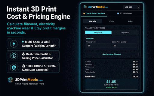 3DPrintMetric - 3D Viewer, G-Code & Print Cost Estimator :: Offline 3D model viewer (STL, 3MF, OBJ) with rotation/zoom, G-Code telemetry analyzer, and 3D print cost & price estimator.