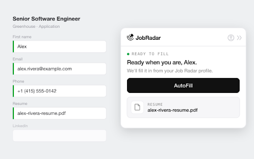 JobRadar – Autofill Applications & Track New Job Postings :: Autofill your applications on Greenhouse, Ashby, Lever, and Workday, then track new job postings as they appear.
