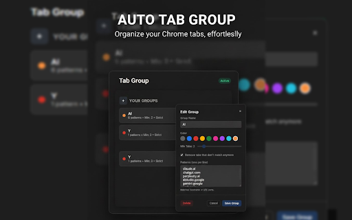 Auto Tab Group :: Automatically groups tabs based on hostname or URL patterns.