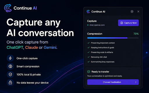 Continue AI — Move your AI chat across ChatGPT, Claude & Gemini :: Move an AI chat between ChatGPT, Claude, and Gemini. Your conversation only goes to another AI when you choose to send it there.