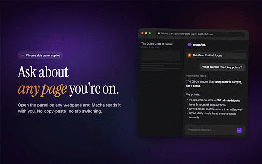 Macha AI: AI copilot for any webpage :: AI copilot in your Chrome side panel. Summarize, explain, and draft replies grounded in the page you're reading.