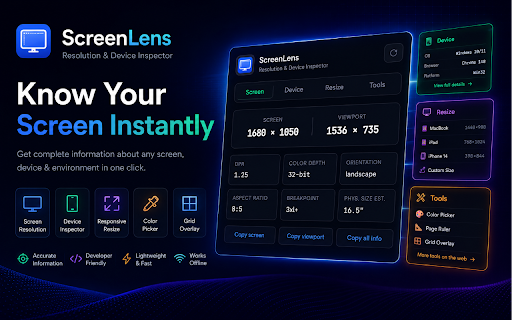 ScreenLens – Screen Resolution & Device Inspector :: Instant screen resolution, viewport size, device info, color picker, page ruler & responsive testing — all in one click.