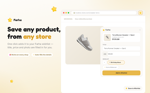 Universal Wishlist – Save Products from Any Website | Farha :: One-click save from Amazon, Etsy, eBay, Shopify or any store to your universal wishlist. Syncs with the free Farha app.